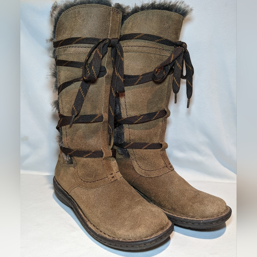 Clarks Avington Hayes Women Lace Up Tall Boots Brown Suede Leather Faux Fur 5.5M